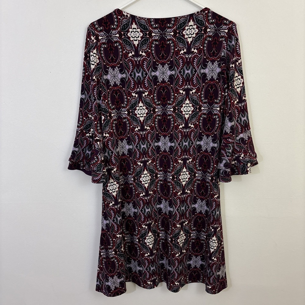 Chicos 1P Dress Maroon Purple Floral Geometric Flare Bell Sleeve Stretch Brunch - Picture 6 of 6